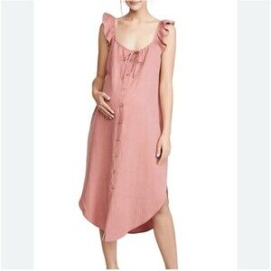 Hatch Pink Maternity Ruffle Strap Jenna Linen Blend Dress Button Down midi 1